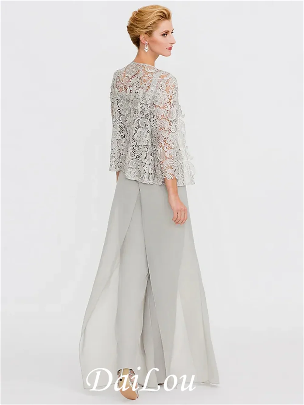 ชุดสูท/Jumpsuit แม่ของเจ้าสาวชุด Plus ขนาด Elegant สแควร์คอยาวชีฟอง Corded Lace Appliques 2022