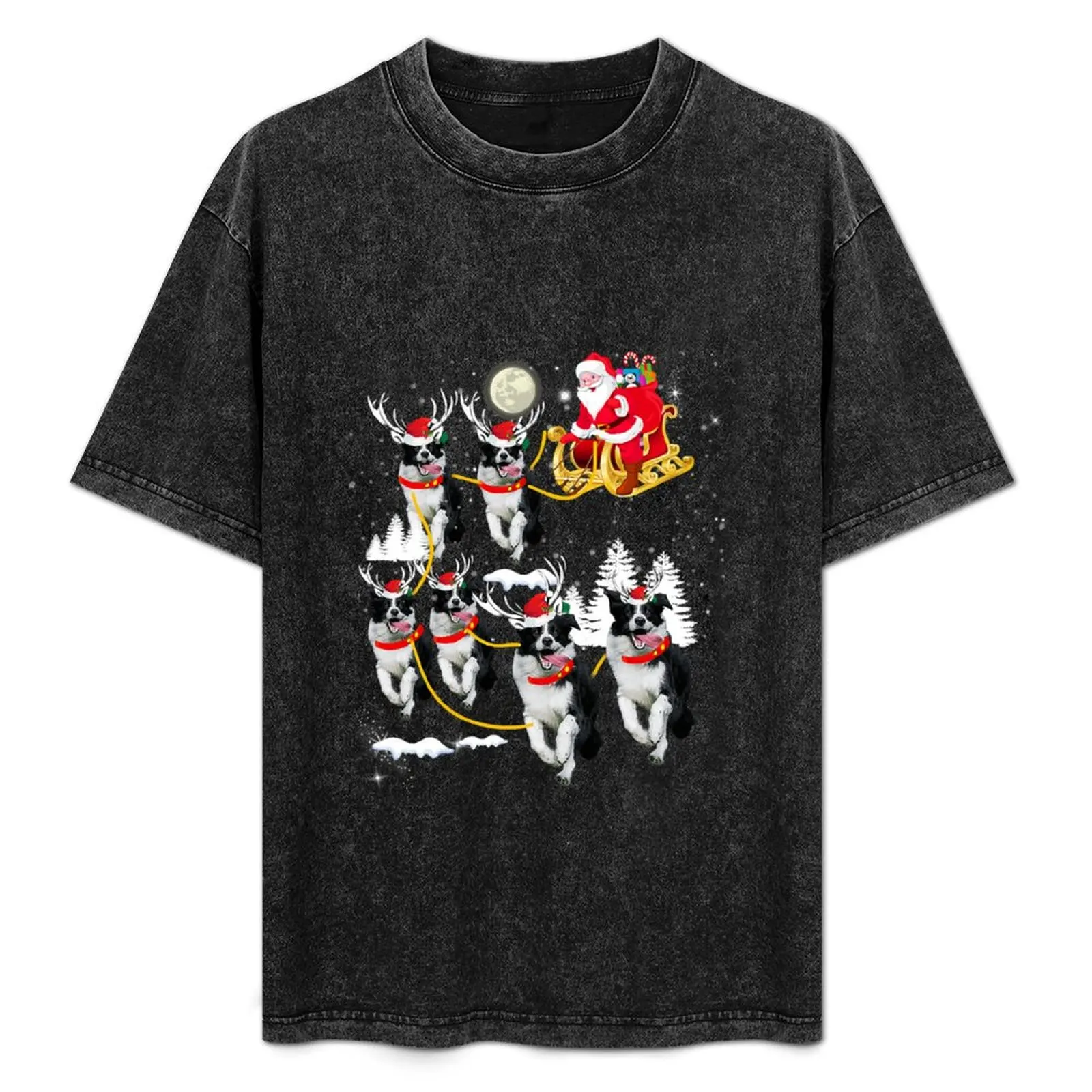 

Santa Riding Border Collie Christmas T-Shirt Modern Print Casual T-Shirt