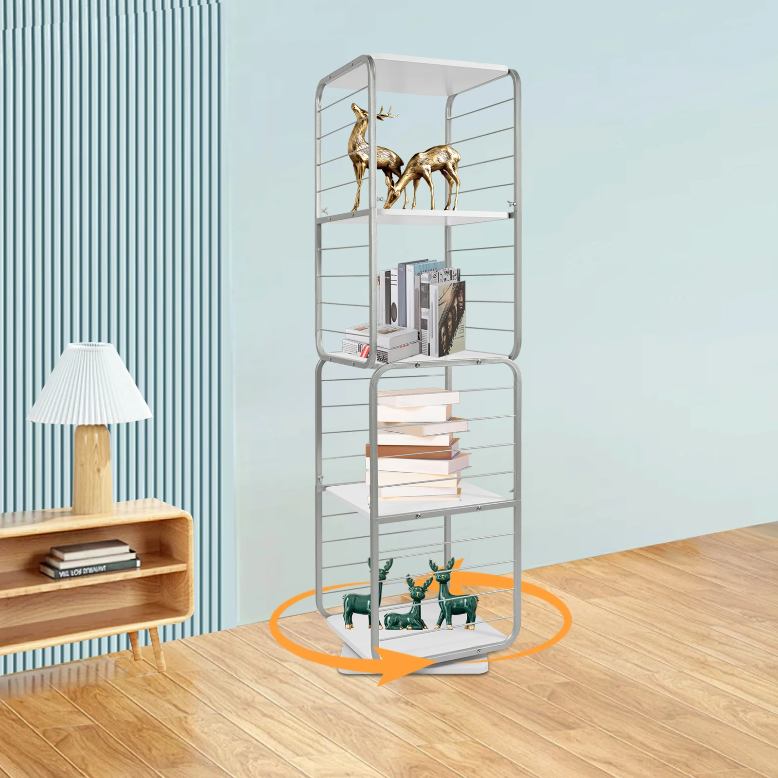 4-Tier Rotating Bookshelf 60kg Load Capacity 360° Rotating Bookshelf Bookshelf for Bedroom Living Room/Office/Coffee Shop