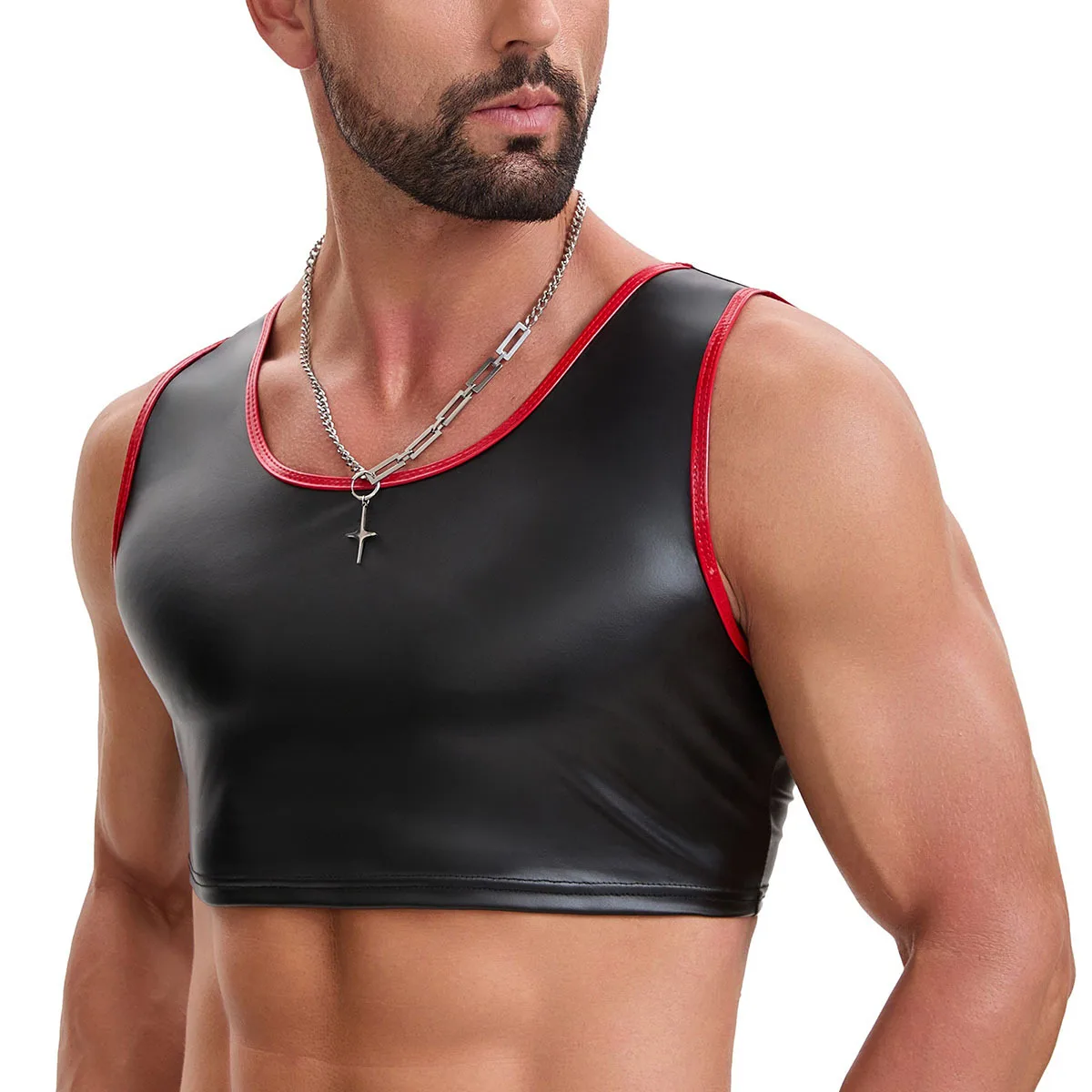 Men's Solid O-Neck Sleeveless PU Faux Leather Crop Top Elastic Mini Short Shirt for Stage Performance Costume New Tank Top