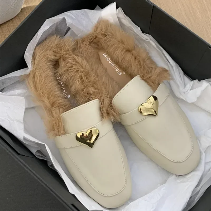 Flat Heel Plush Shoes Women Fur Slippers Adults Flock Cover Toe Slides Loafers Fashion Round Toe Slip On Mules Shoes Leisure