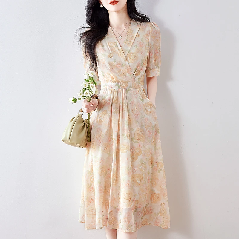 Vestido longo feminino moda floral amarelo estampado decote em v manga curta fino chiffon praia boho férias streetwea