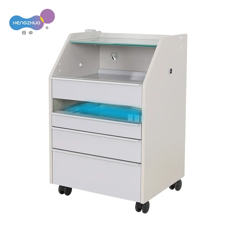 4 Layer MDF Pedicure Tool Cart Trolley for Nail Salon Built-in Germicidal Lamp Stacked Magnifying Glass Optional Foot Control