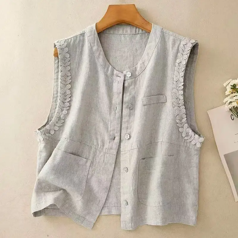 

Women's Fashion Lace-Trim Gray Black Linen Vest Summer Button-Up Sleeveless Jacket Top Elegant Streetwear Cover Ups Waistcoat