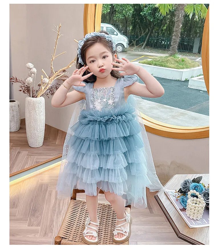 2026 New Baby Summer Girls Boutique Blue Sequined Mesh Tutu Dress, Princess Kids Sweet Fashion Party Dress 3-8 T