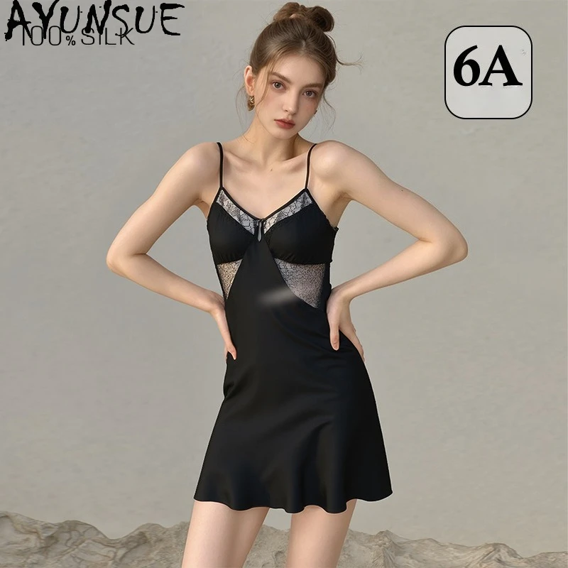 AYUNSUE 16Mm 100% Real Mulberry Silk Pajama Spring Summer Sleepwear Night Dress for Women 2026 Woman Clothes Sexy Dress 