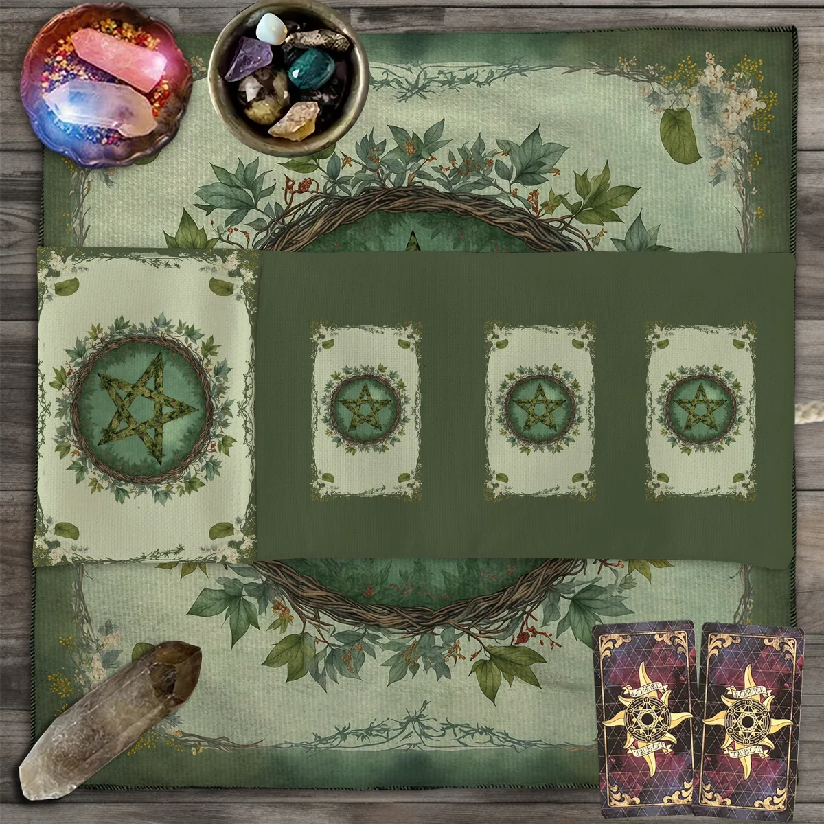 Tarot-Karten-Wahrsagerei-Tasche mit einem grünen Hintergrund, Weinreben-Wickelbeutel rund um das Pentagramm, Altartuch, Pentagramm-Tarot-Aufbewahrungstasche