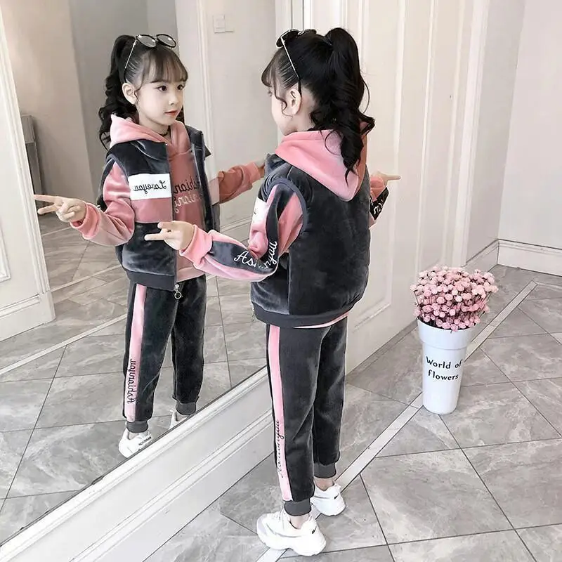 

Kawaii Casual Coat Set Fashion 2 Piece Set Children S Clothing Girls Winter Hoodie Pants Vest 3 Piece Set Thick Warm Fleece Kids
