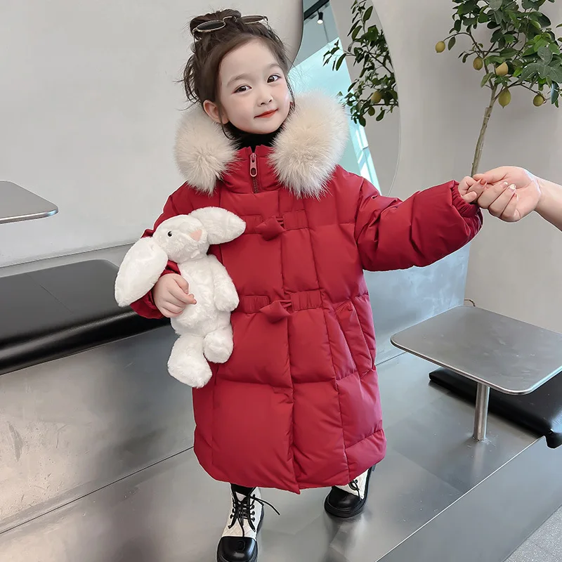 Girls Red Padded Cotton Coat Children 2024 New Winter Collection Fashion Simple Casual Long Coat Korean Simple Style Coat