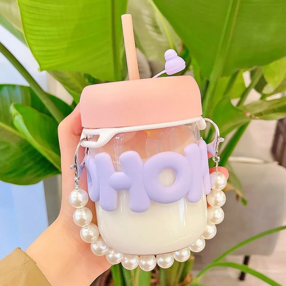 

Cute 350ml Glass Straw Cup with Pearl Bracelet Transparent Double Drinking Cup Portable Water Bottle Travel