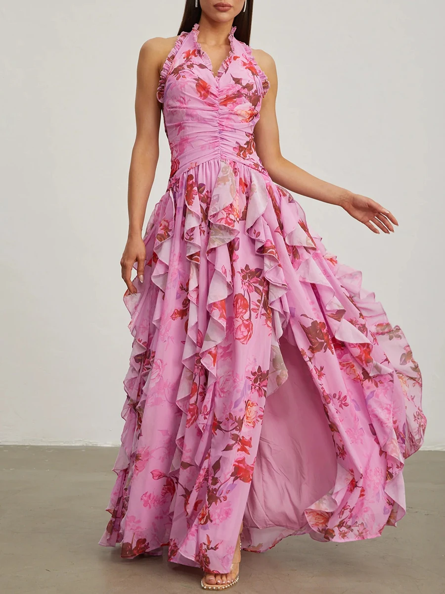 TWOTWINSTYLE Hit Color Printing Spliced Fungus Folds Elegant Dresses for Women Halter Sleeveless Split Long Dress Female Fashion