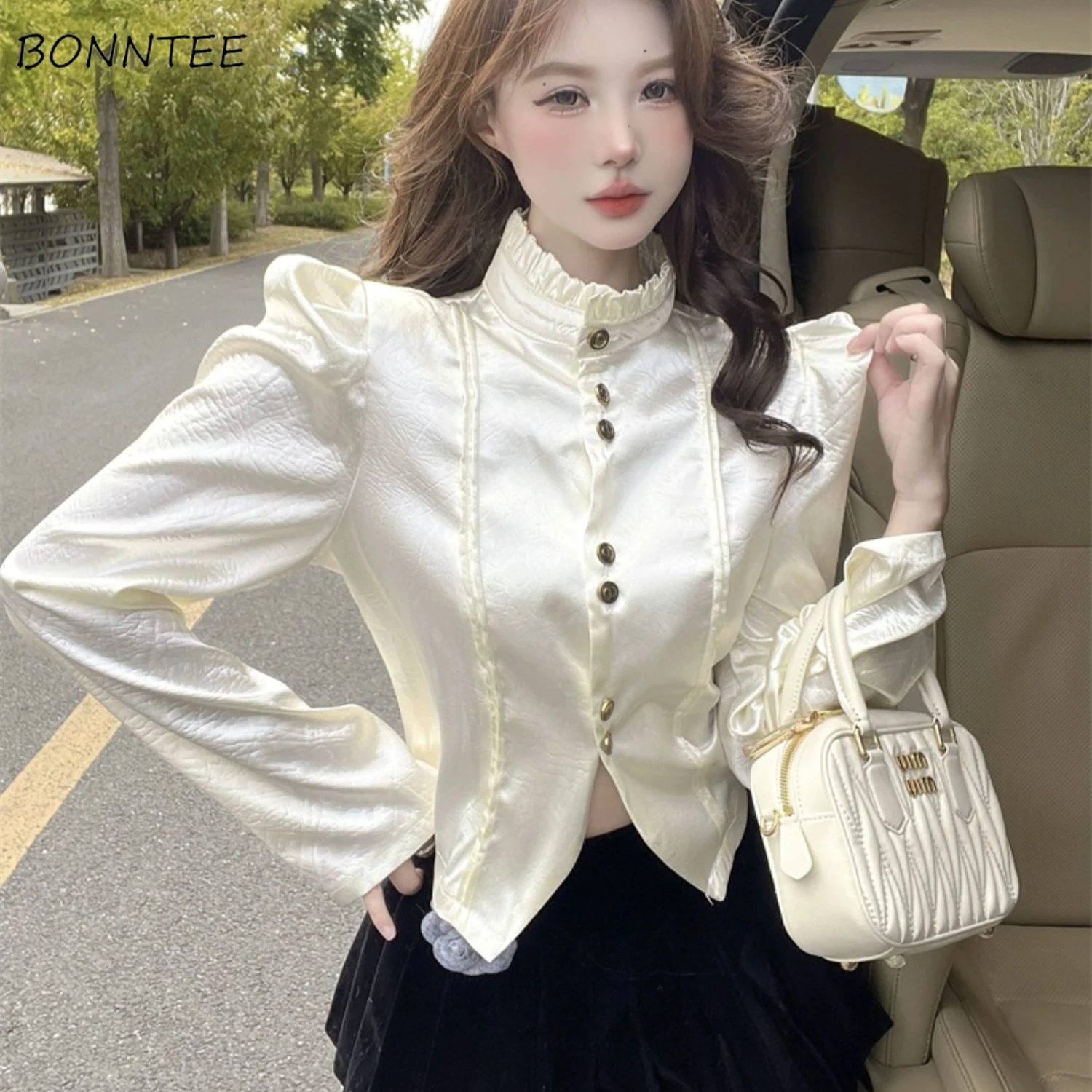 Long Puff Sleeve Casual Shirts Women Single Breasted Baggy Tops Popular Stand Collar Korean Style Shirring Spring Autumn Fashion