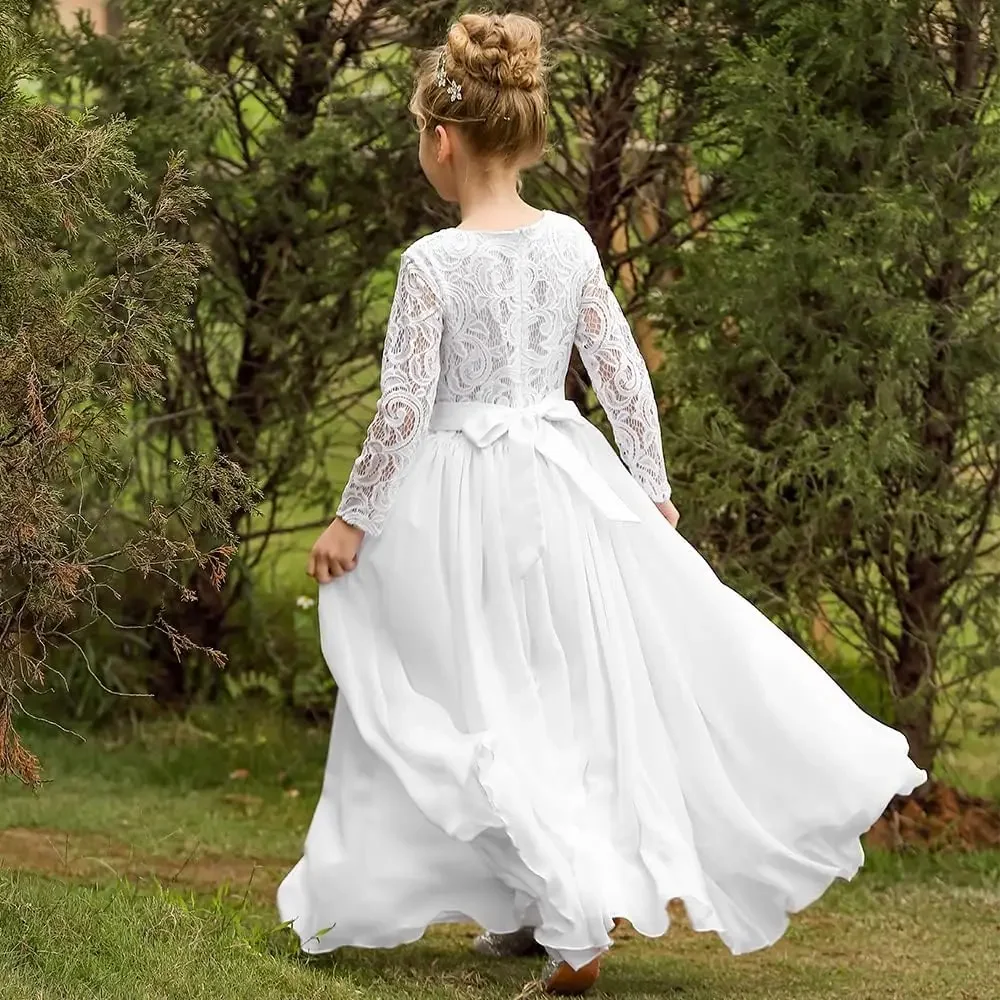 Fancy First Communion Flower Girl Dress Boho Chiffon A-line White Bridesmaid Dresses Wedding Party 2-12 Year Old