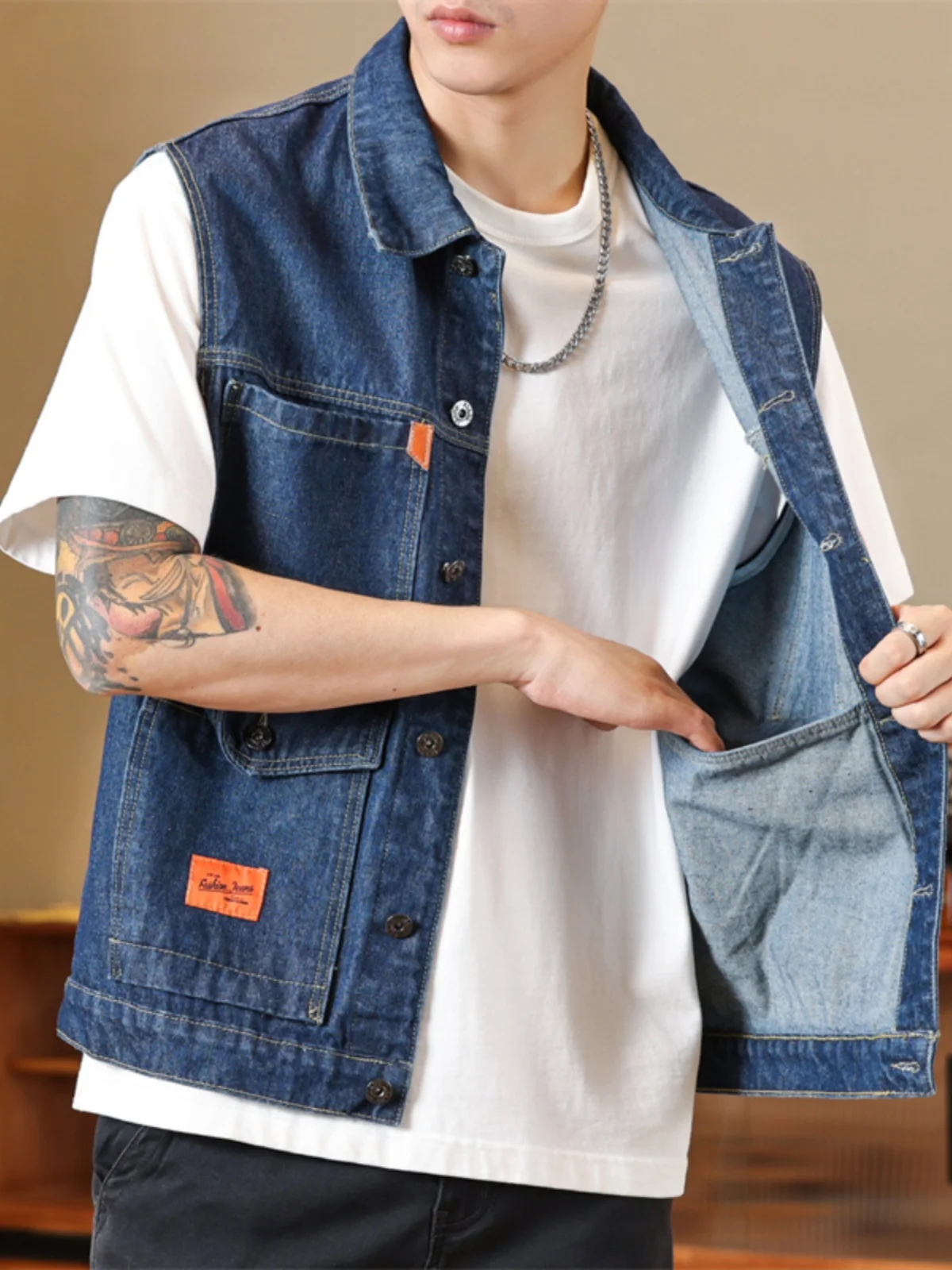 Loose Men's Denim Jacket Sleeveless Multi-Pocket Vest Fashionable Brand Youthful Style Business Casual All-Season Standard Fit