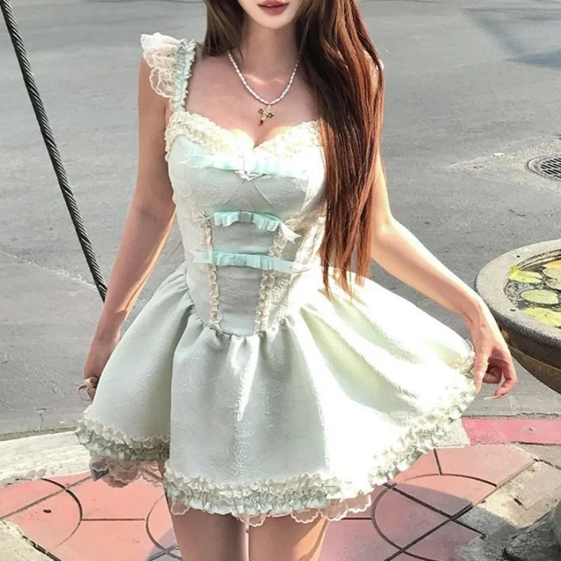 

Sweetheart Neck Lace Ruffles Bubble Skirt Dresses Cute Bow Light Green Splid Slip Dress Princess Retro France Fashion Young Lady