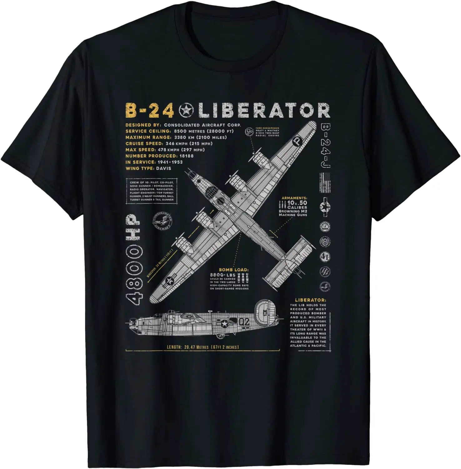 

WWII US Air Force B-24 Liberator Bomber Blueprint T Shirt 100% Cotton Short Sleeve O-Neck Casual T-shirts New Size S-3XL