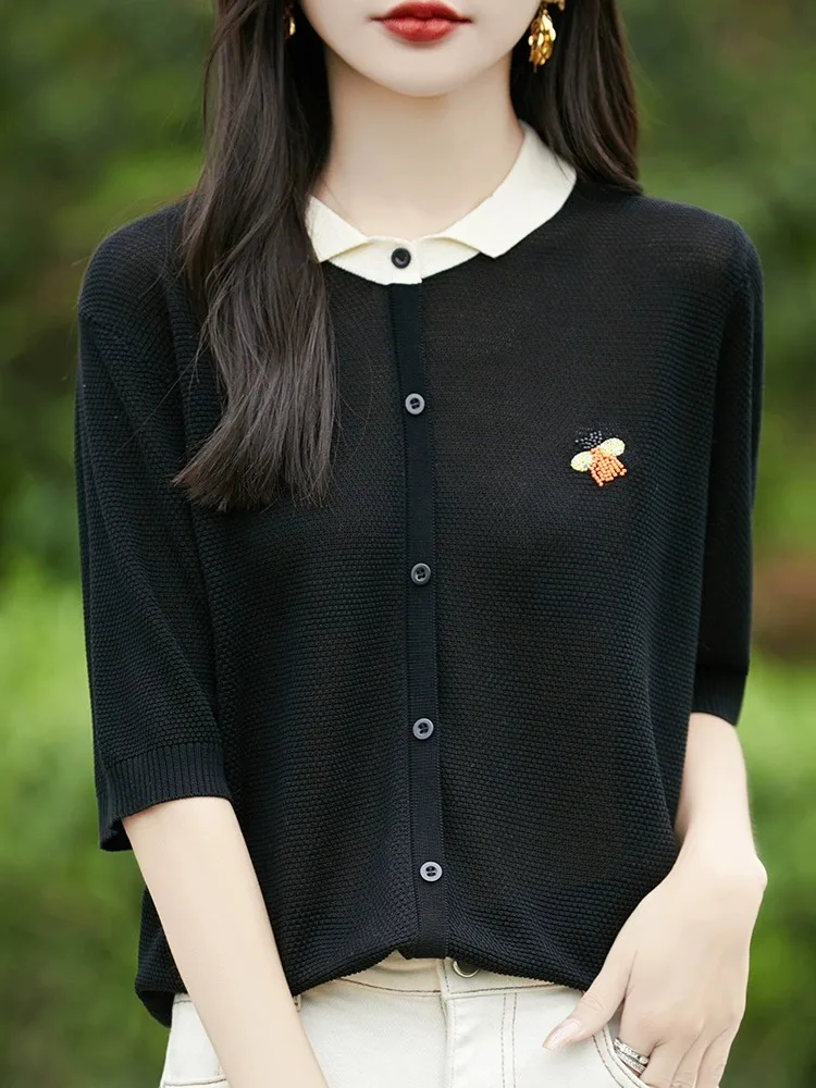 Ele geborduurd zwaar werk Ne gebreide ort Sve dunne zomerbovenkleding zijden f Sve top voor dames