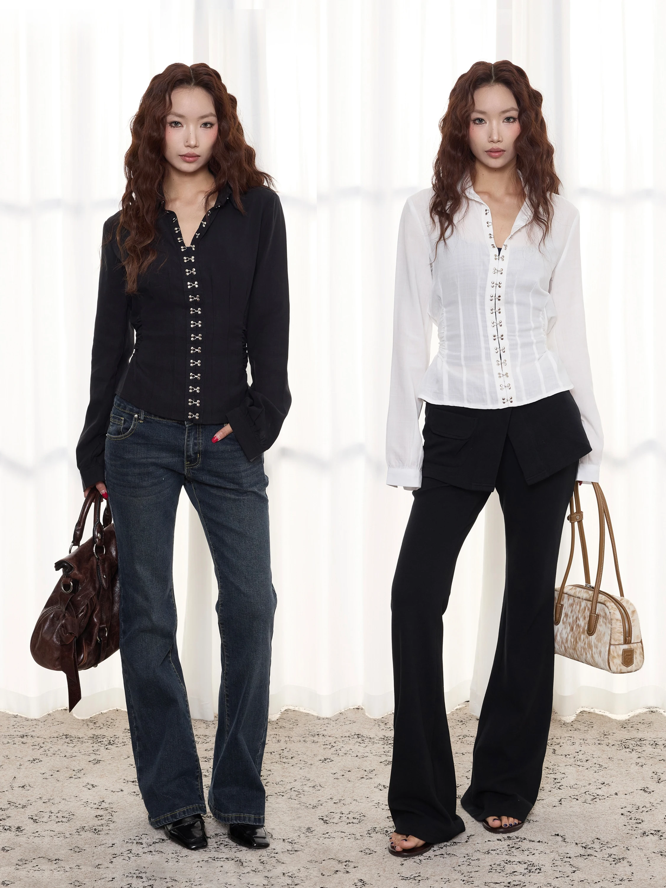 Slim Fit Long Sleeve Shirt Antsstna American Retro Style Single Button Design Belted Waist Sexy Girl Fashion Top Women's T-shirt