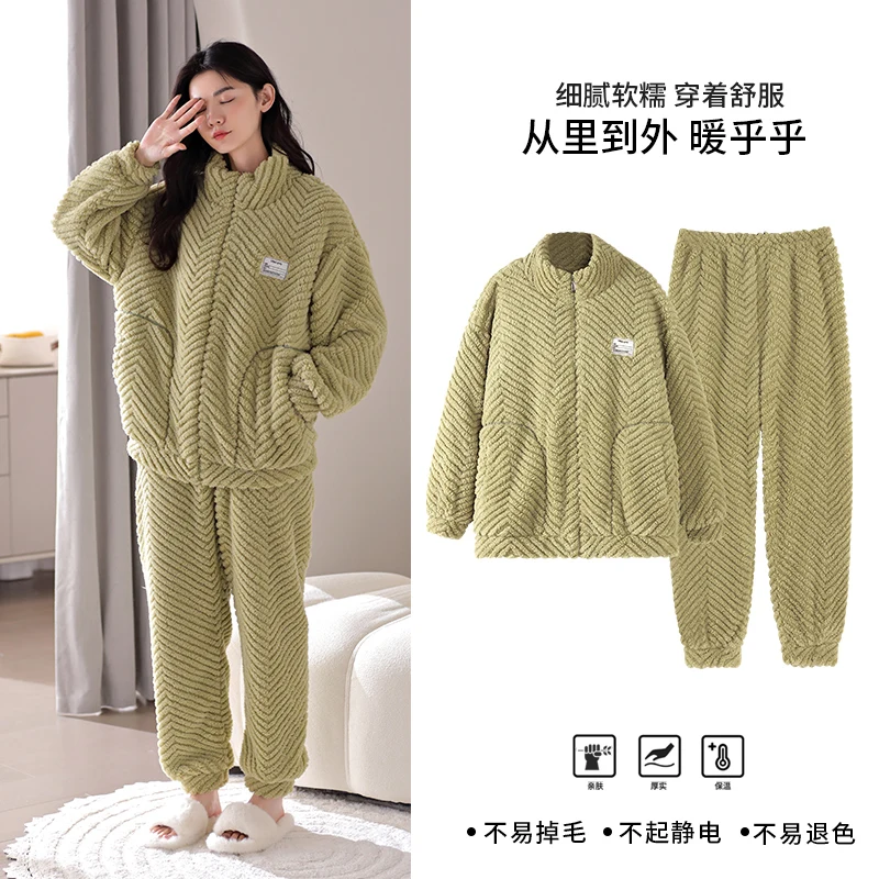 Big Size M-2XL  Women Casual Pajama Set Winter Warm Flannel Sleepwear Long Sleeve Nightwear