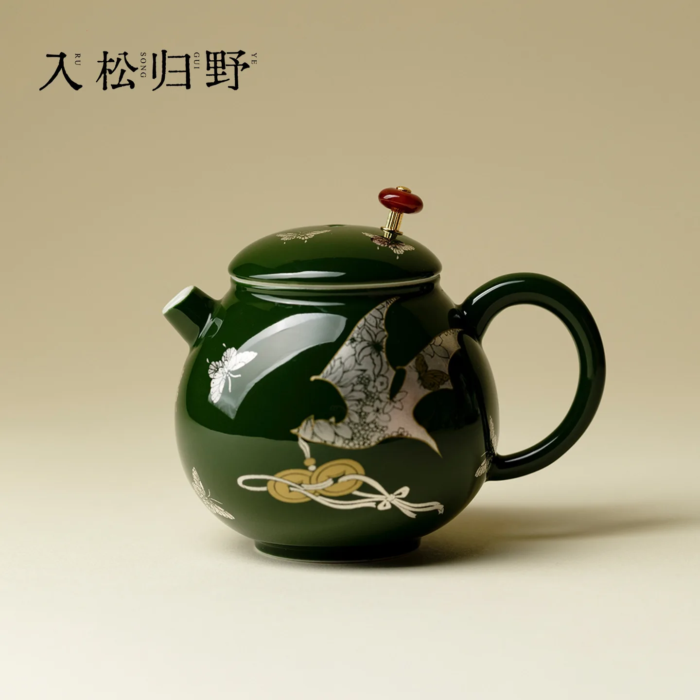 Ino Kiyosong Dark Green Silver-Colored Bat Butterfly Dragon Egg Teapot New Chinese Style National Trend Handmade Ceramic Pot Tea