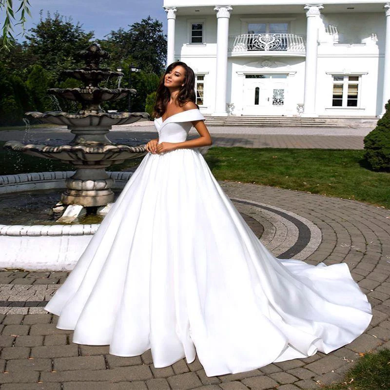

Customized Pure White Elegant Satin A-Line Wedding Dress With Folden V-Neckline Off The Shoulder Lace Up Wedding Gown Cheap