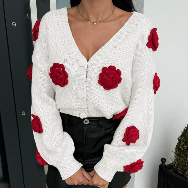 Combhasaki 여성 가을 ​​겨울 니트 카디건 세련된 3D 꽃 장식 버튼 다운 V 넥 긴 소매 루즈 피트 스웨터 자켓