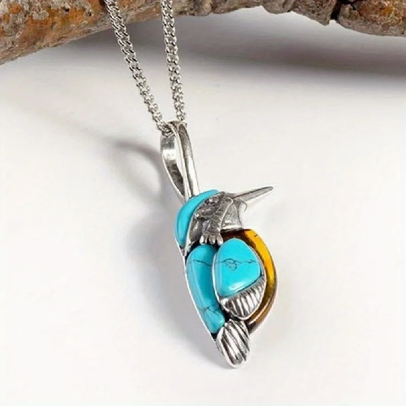 New Eurasian Animal Imitation Turquoise Hummingbird Necklaces Fashion Silver Color Clavicle Chain Swallow Birds Pendants Jewelry