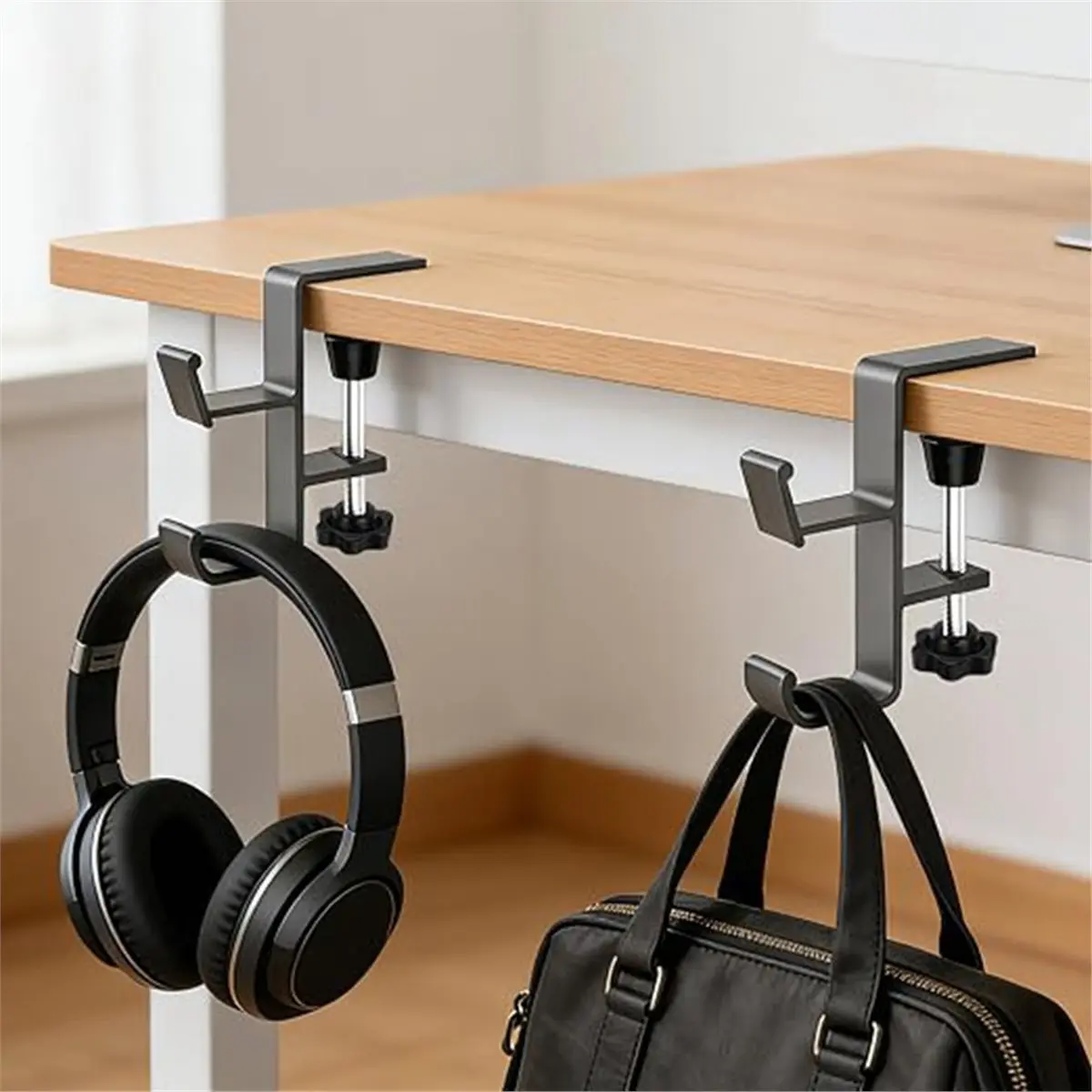 2-in-1 Under Desk Headphone Holder, Heavy Duty Metal Bag Hook for Table, Clamp-on Purse Hanger for Student Desk