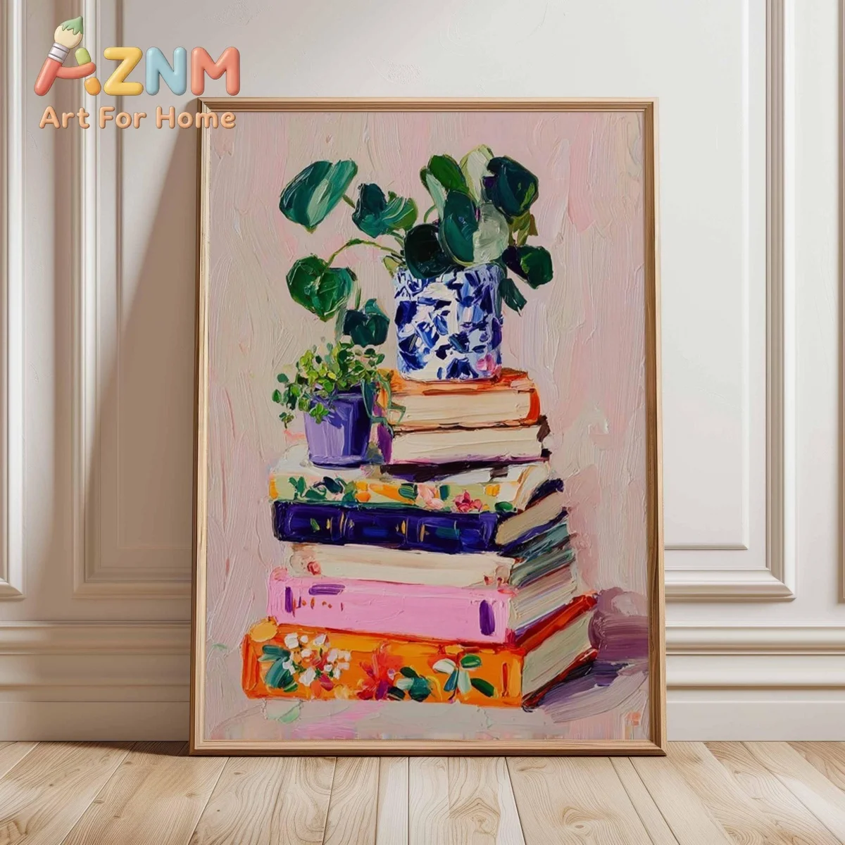 Plant and Books Canvas Print Poster Cozy Colorful Book Stack Impressionist Art Prints Living Room Bedroom Wall Art Home Decor