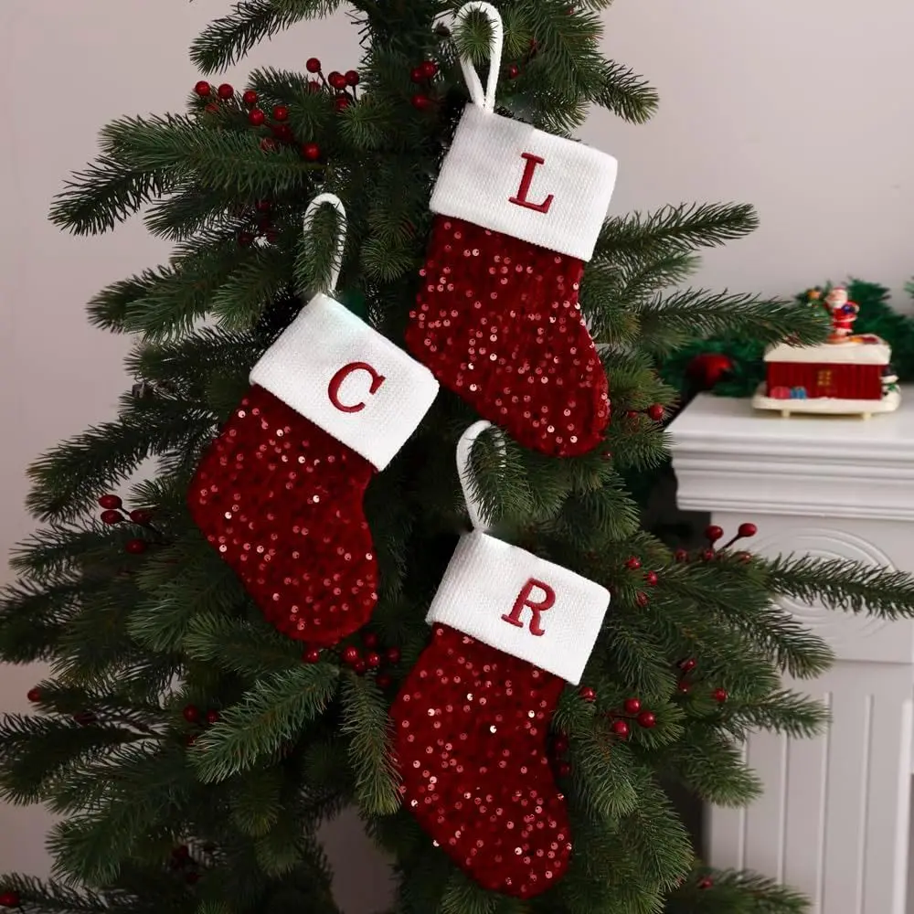 9 Inches Initial Monogram Christmas Stocking Embroidered Glitter Small Christmas Stocking Sequins with Velvet