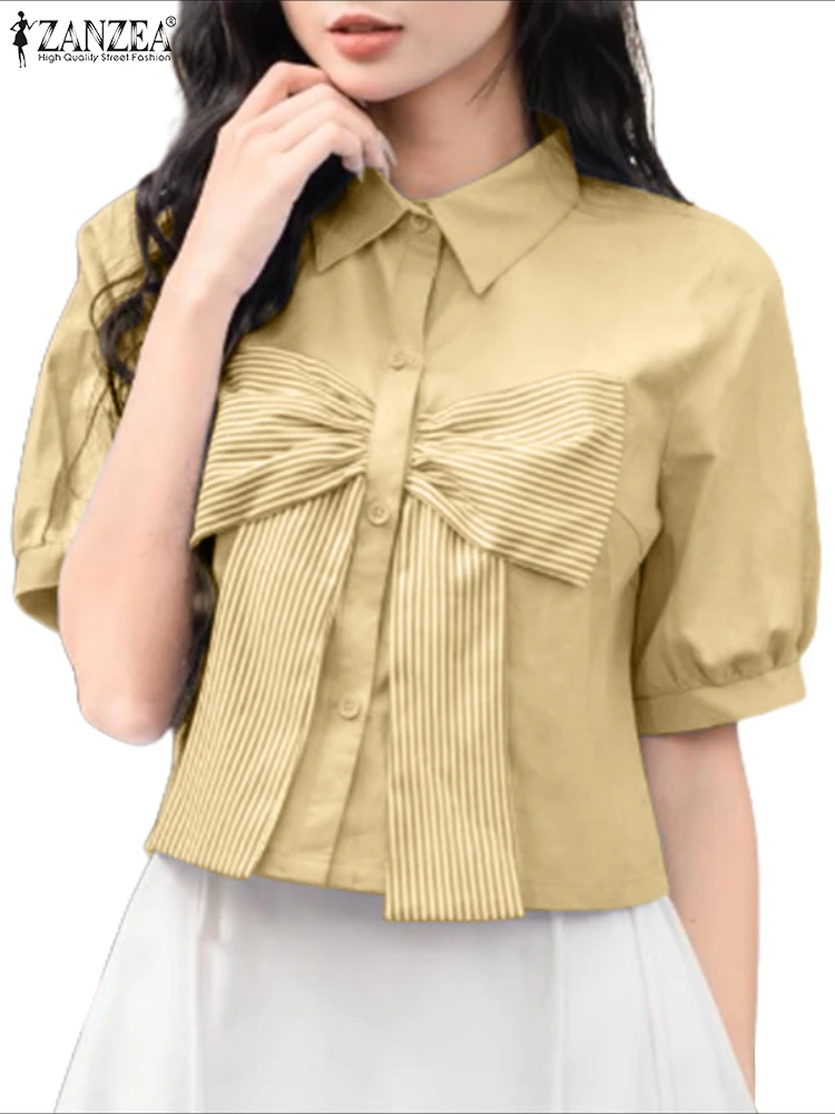 เสื้อเชิ้ตหลวมๆผู้หญิงแขนสั้นโบว์บลูซาส 2025 ZANZRA แฟชั่นเสื้อคอปกเสื้อสีทึบเสื้อขนาดใหญ่