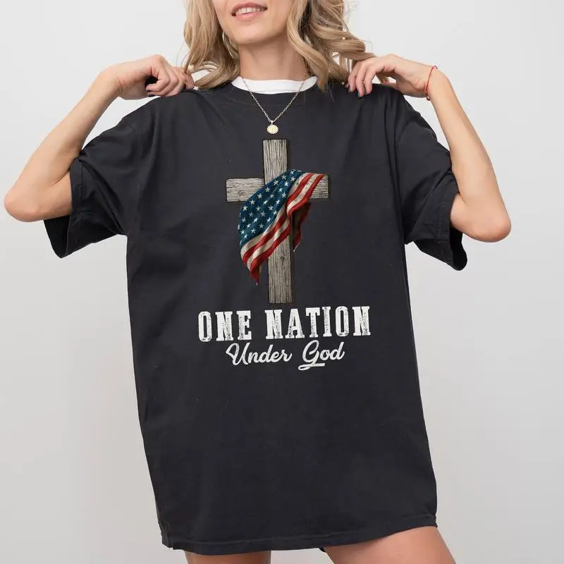 

Religious & Patriotic T-shirt for Men & Women with American Flag Cross Print "One Nation Under God" Graphic Tee