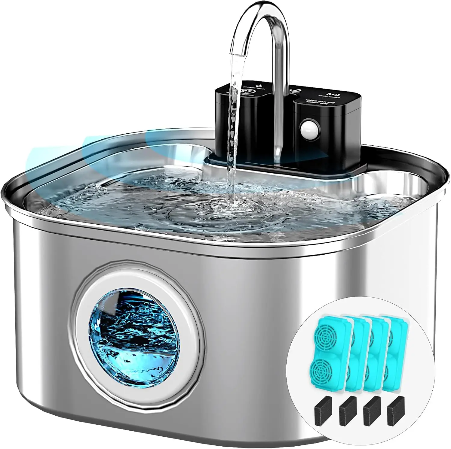 

Wireless Cat Water Fountain Stainless Steel with 4 Filters & 4 Sponges, 3.2L/108oz Battery Operated Pet Fountain