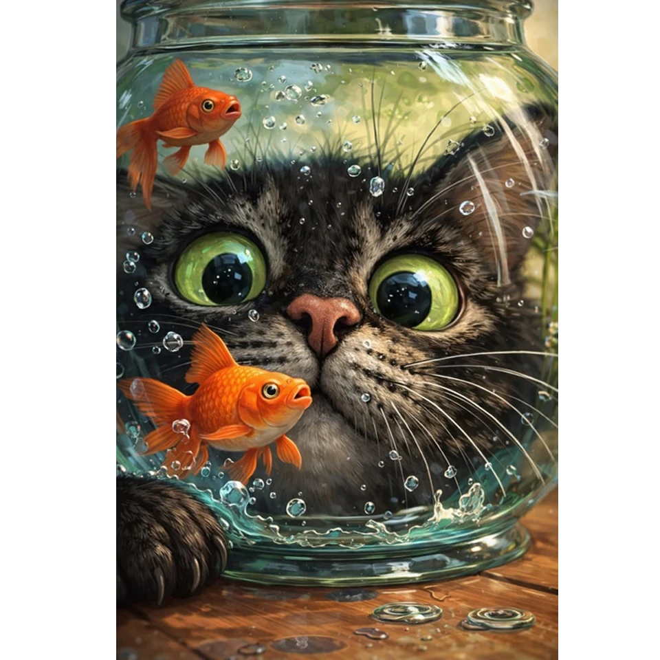 5D DIY Diamond Painting Funny Cat in Fishbowl Goldfish Full Drill Diamond Embroidery Kit Cute Pet Animal Home Wall Art Decor