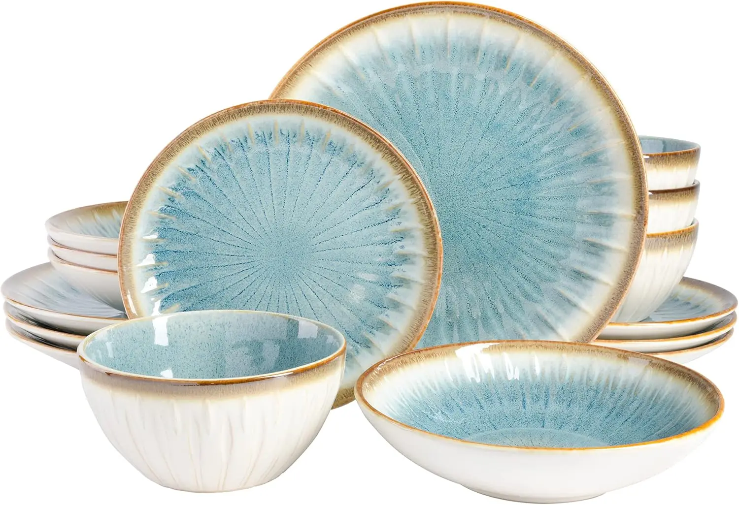 

16-Piece Embossed Double Bowl Dinnerware Set for 4, Blue Stoneware Plates and Bowls