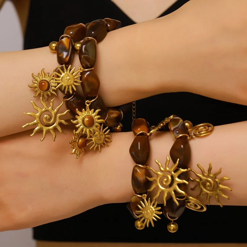 

Vintage Brown Beaded Bracelet Bohemian Sun Pendant Design Handmade for Women