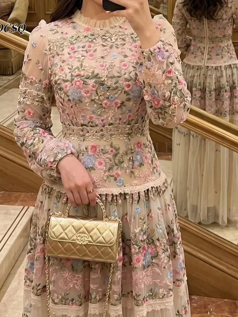 Prom Dresses Dubai Elegant Floral Embroidery Tulle Ruffle Neck Lace Trim Formal Banquet Evening Party Maxi Dress Customized image 2
