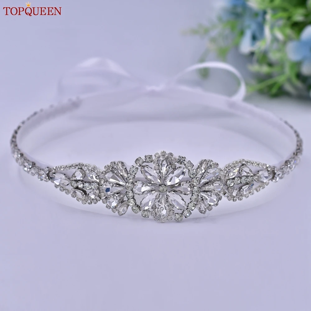 

TOPQUEEN Luxury Wedding Bridal Sash Thin Silver Rhinestone Belt Plus Size Bridesmaid Dress Waistband Party Accessories S489