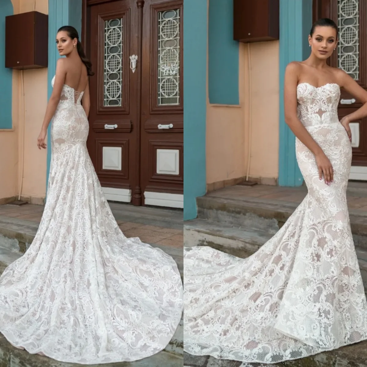 

Gorgeous Mermaid Wedding Dress Appliques Sweetheart Strapless Bride Gowns Sleeveless Lace Up Bridal Dresses Vestido De Novia