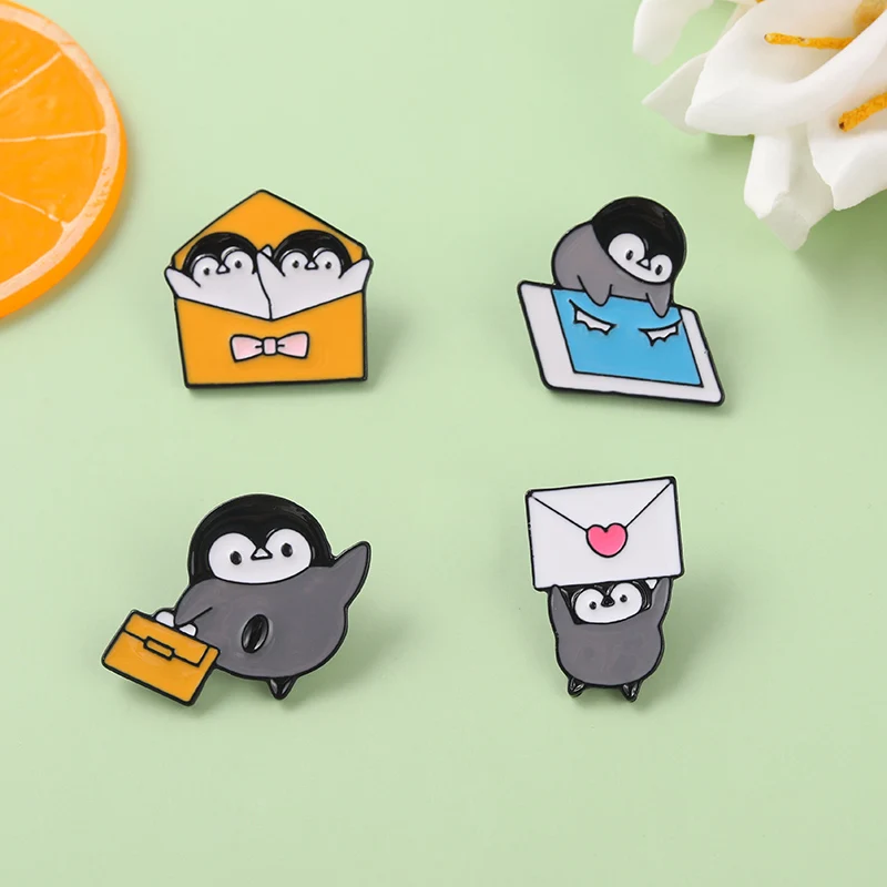 Cute Animals Enamel Pin Penguin Play iPad Carrying Briefcase Envelope Pattern Clothes Bag Cute Pins Jewelry Gift Wholesale