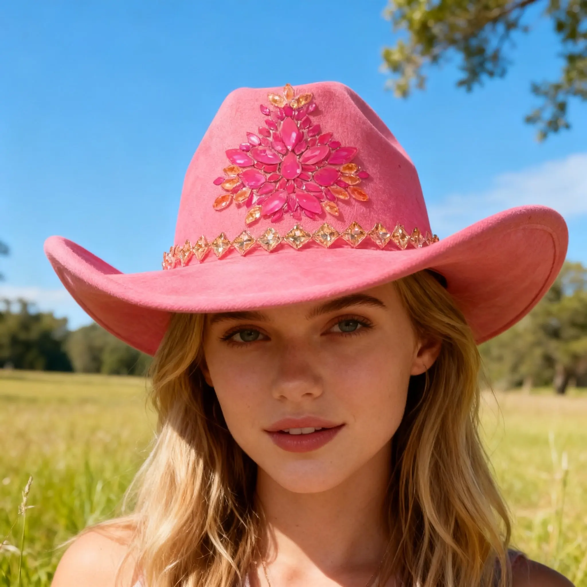 HongLuan Pink Felt Glitter Costume Hat Adult, Cowboy Hats Rhinestone for Woman, Cowboy Cosplay Female Accessories & Cowgirl Cap