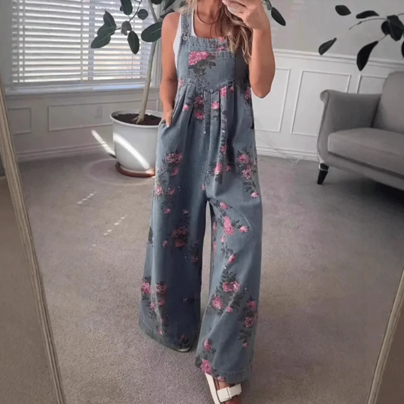 

2025 Retro Floral Print Pockets Sleeveless Women Denim Overalls Streetwear Rolled Hem Wide Leg Pants Fashion One Piece Jumpsuits