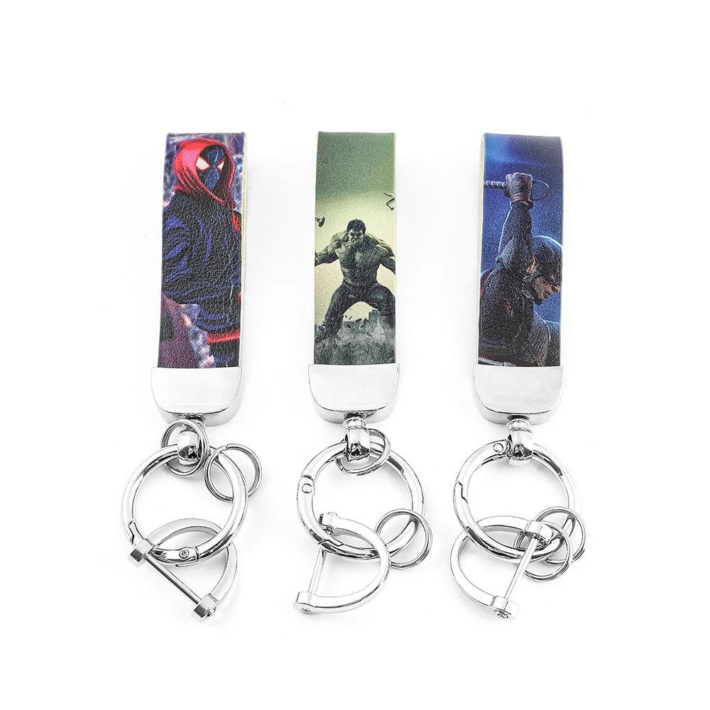 Marvel Superhero Leather Keychain Iron Man Steve Rogers Hulk Spider Man Pendant Keyring for Men Accessory Car Keys Toy Gifts