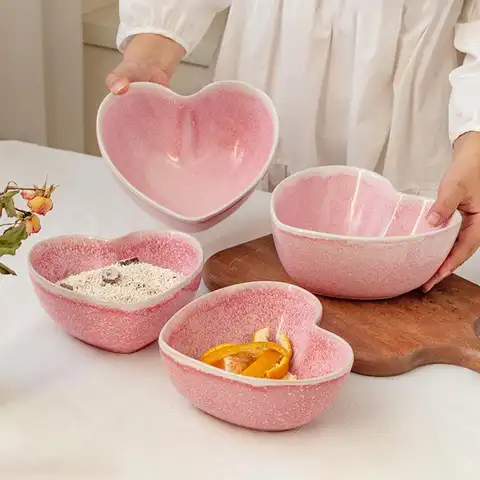Creative Heart Shaped Fruit Salad Bowl Ceramic Cute Girl Ins Style Instant Noodle Bowls Cafeteria Home Dining Food Container