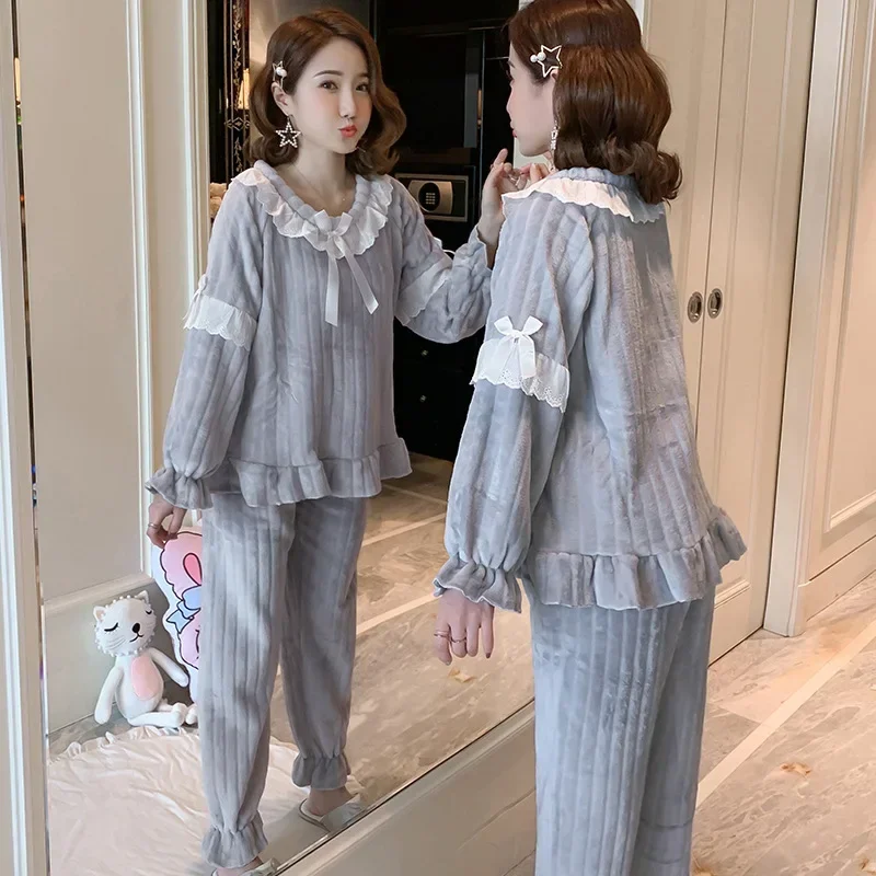 Sweet Bow Design Women Winter Pajama Sets Cute Fleece Velvet Warm Sleepwear Girls Solid Soft Home Wear Lovely Thick Nightwear