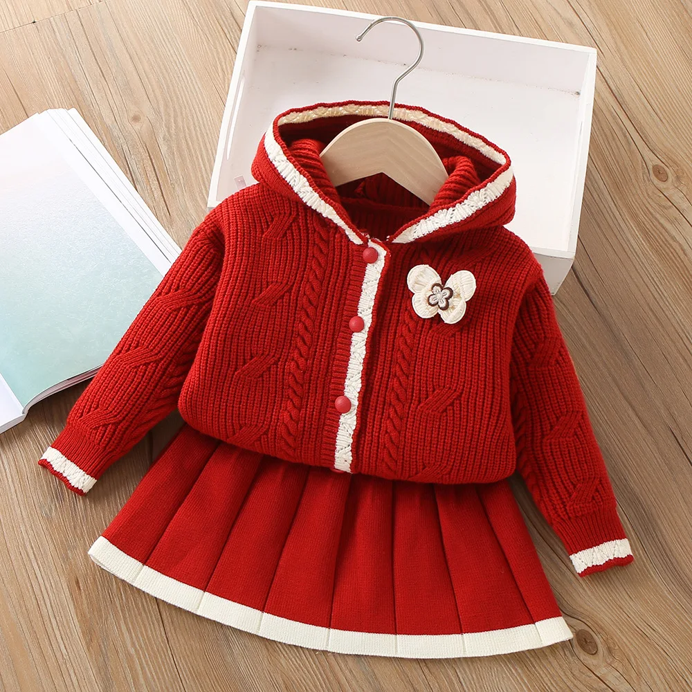 Spring Autumn Children Girls 2PCS Knitted Set Patchwork Butterfly Hooded Kid Girls Sweater Toddler Girls Pleated Skirt Warm Suit