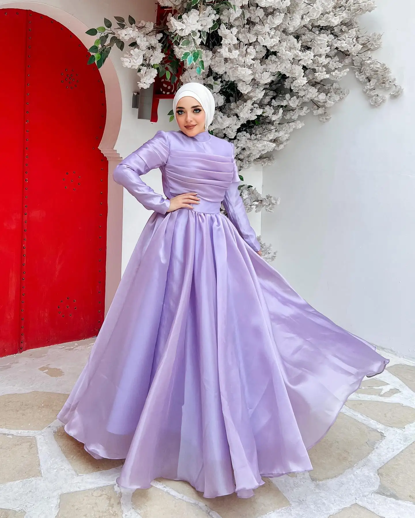 Jirocum Purple A Line Prom Dress Women\'s Long Sleeve High Neck Muslim Party Evening Gown Elegant Tiered Special Occasion Dresses