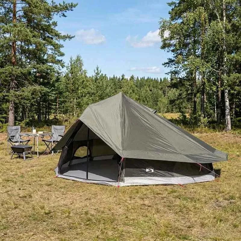 Tente tipi, gazebo, tente de camping, tente d'extérieur, marron et gris, 800x800x430 cm, polyester et acier, robuste, durable, spacieuse, pour le camping, le jardin, la terrasse, les fêtes, les festivals, installation facile, gain de place, portable