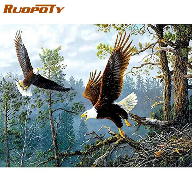 

RUOPOTY Frameless Two Eagles DIY Painting By Numbers Animals Modern Wall Art Picture Calligraphy Painting For Home Decors