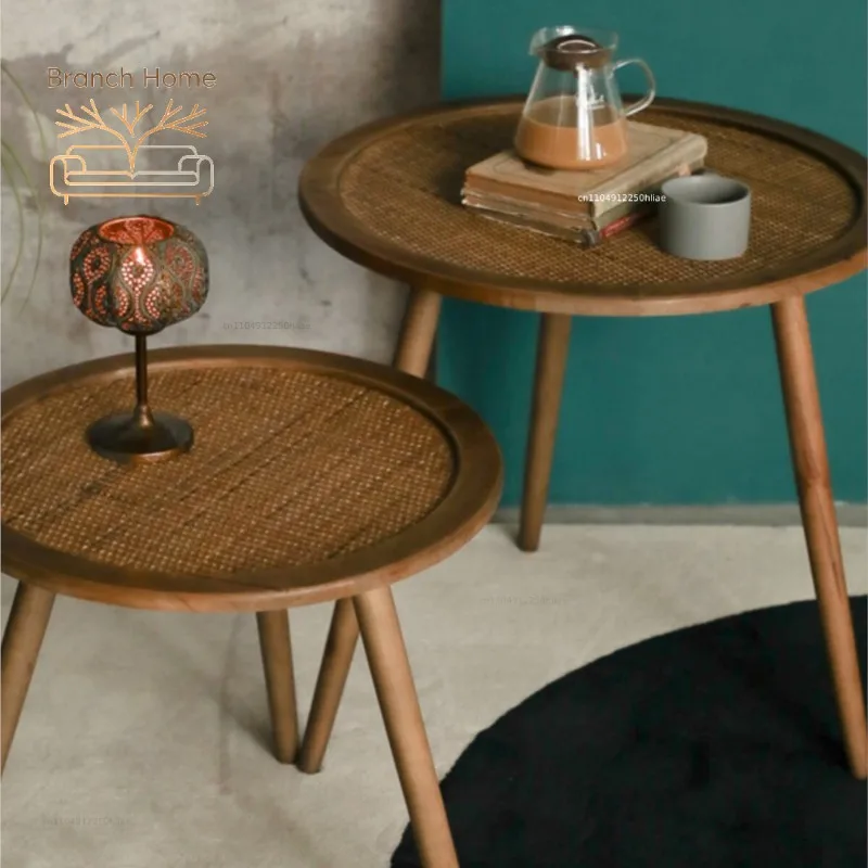 MOMO Bohemian American Retro Solid Wood Coffee Table Natural Rattan Sofa Side Balcony Round Homestay